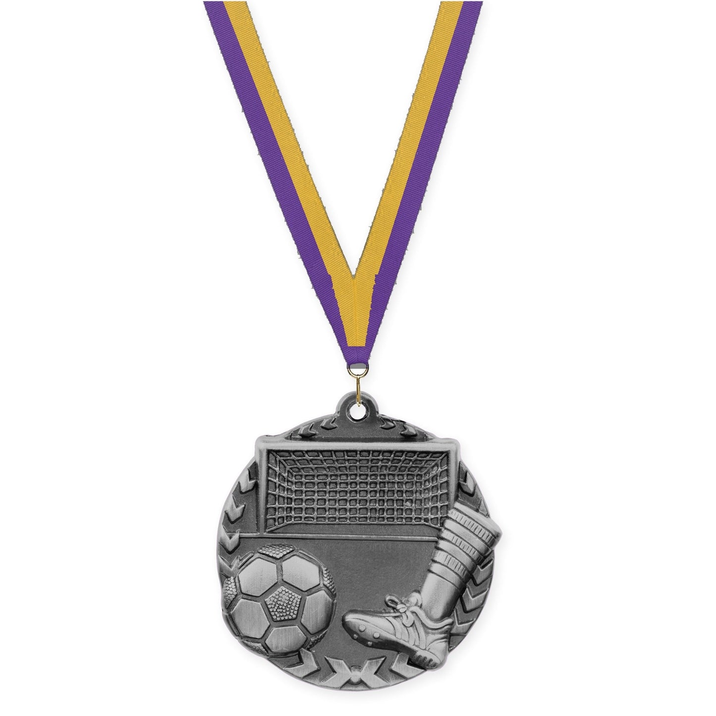 1 3/4 inch soccer Millennium medal in antique silver with Purple Gold neck ribbon