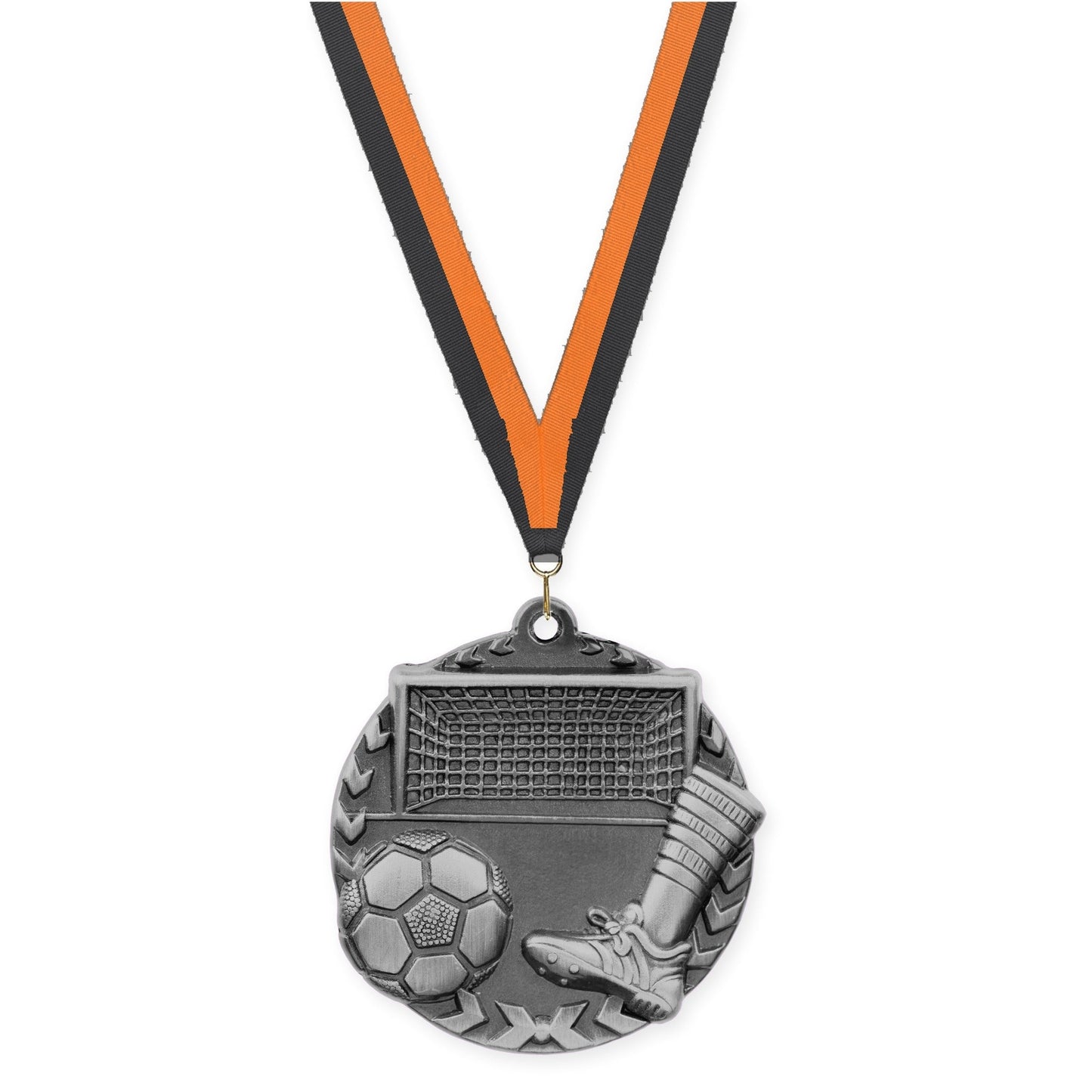 1 3/4 inch soccer Millennium medal in antique silver with Black Orange neck ribbon