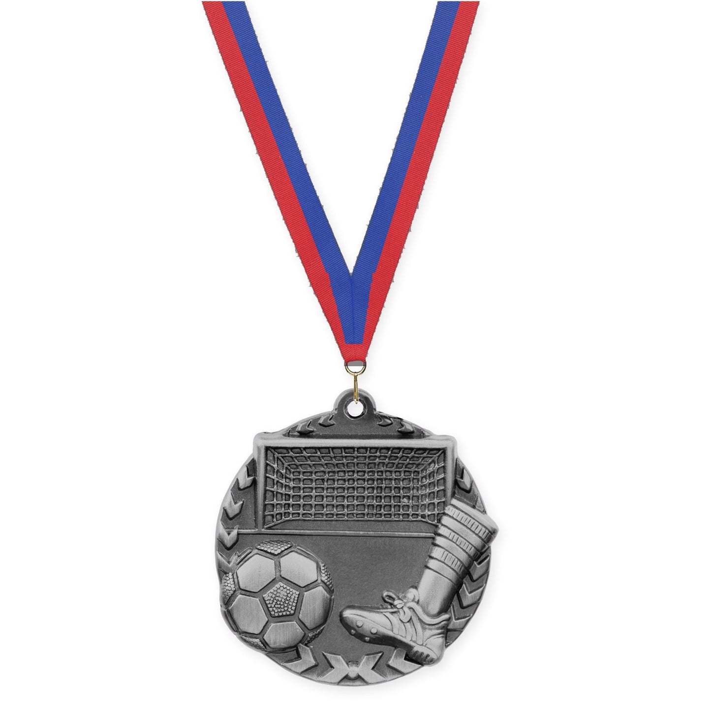1 3/4 inch soccer Millennium medal in antique silver with Blue Red neck ribbon