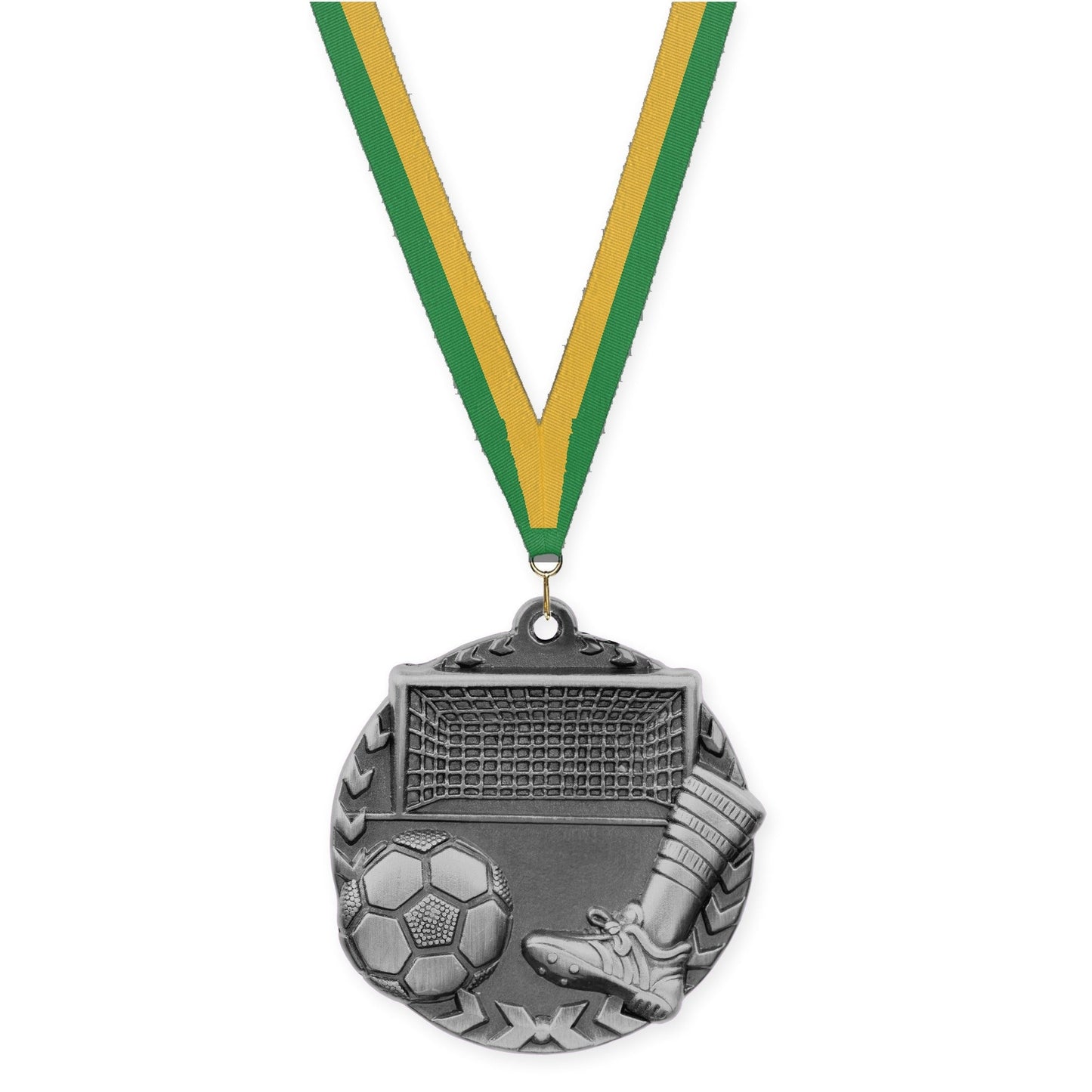 1 3/4 inch soccer Millennium medal in antique silver with Green Gold neck ribbon