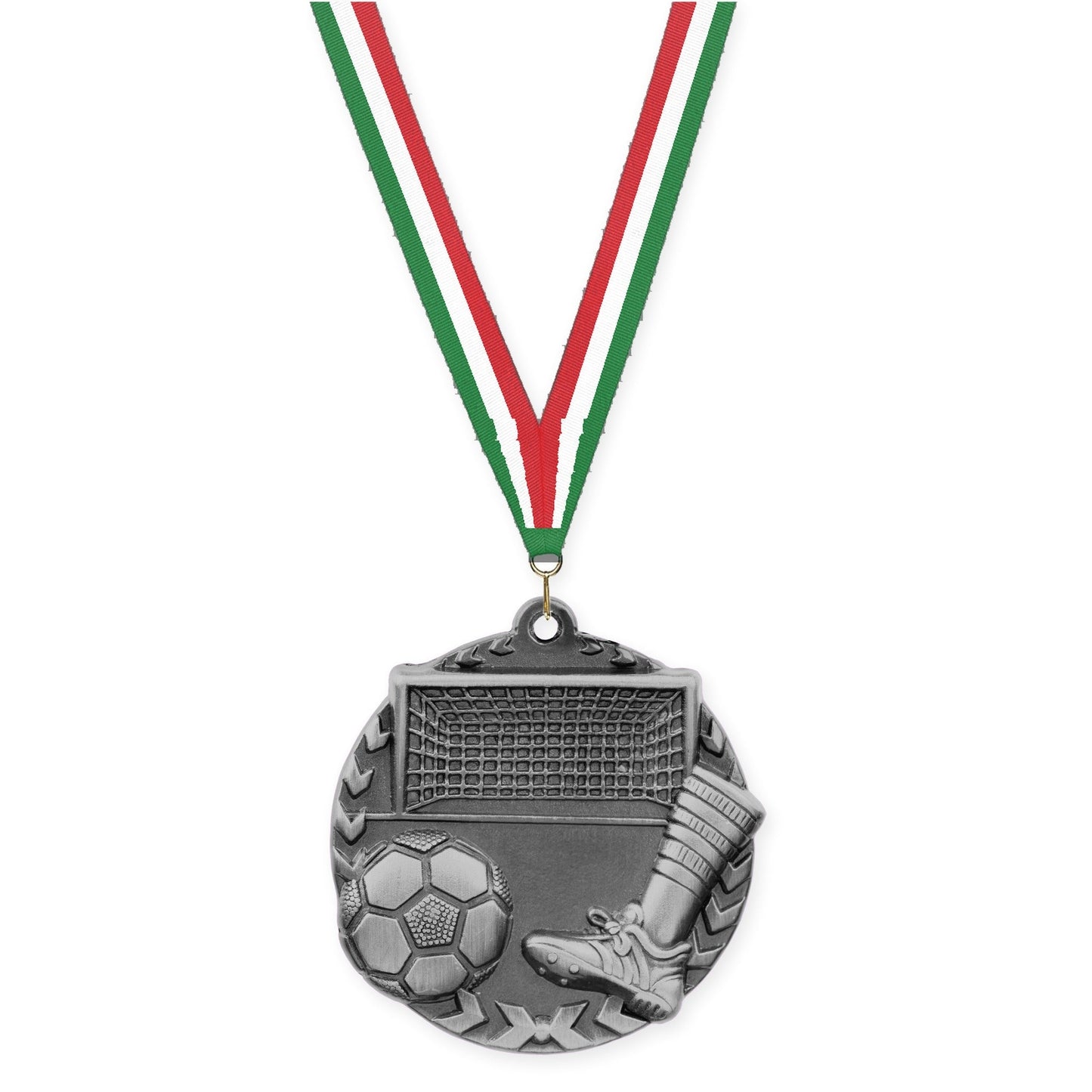 1 3/4 inch soccer Millennium medal in antique silver with Green White Red neck ribbon