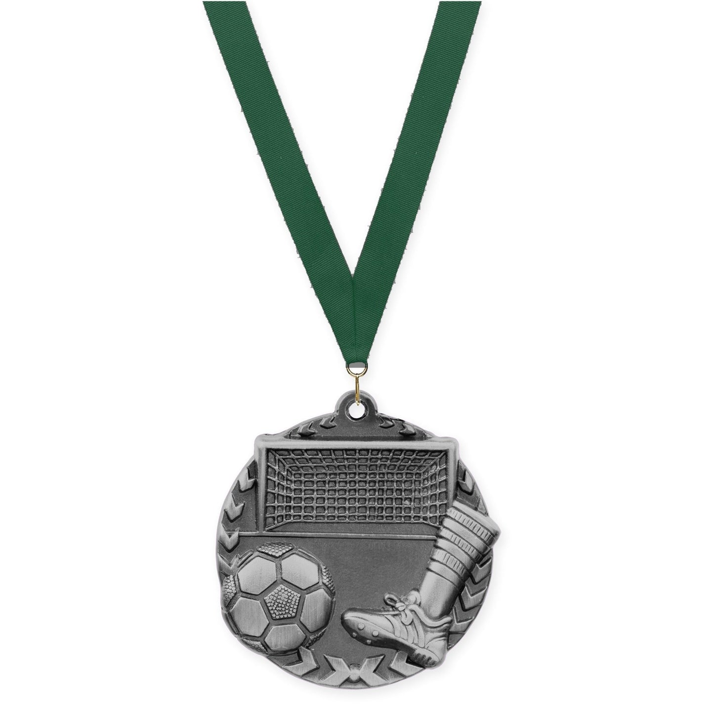 1 3/4 inch soccer Millennium medal in antique silver with Hunter Green neck ribbon