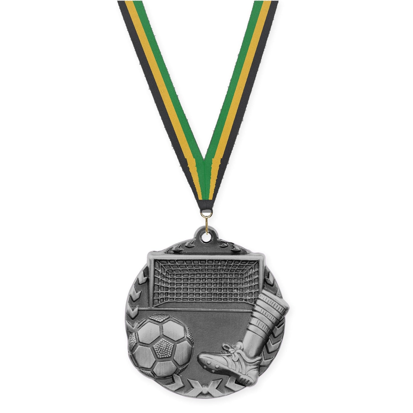 1 3/4 inch soccer Millennium medal in antique silver with Black Gold Green neck ribbon