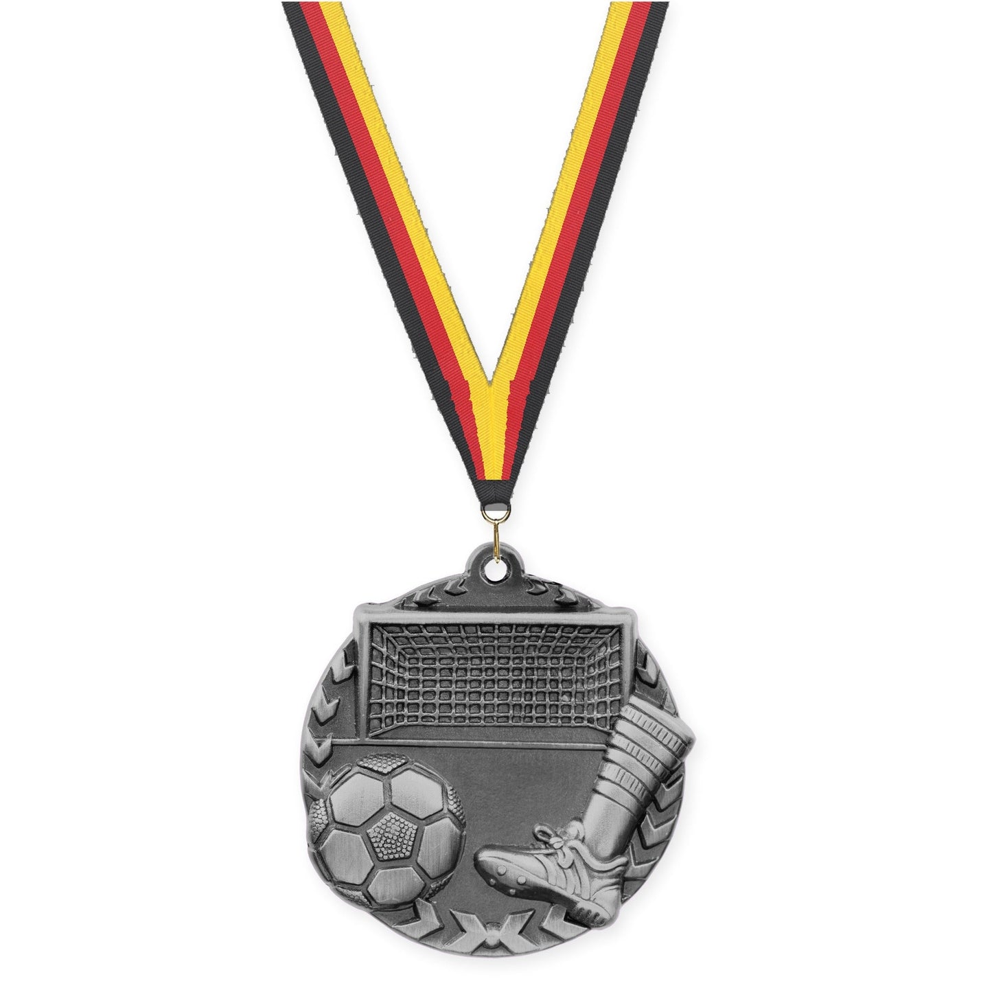 1 3/4 inch soccer Millennium medal in antique silver with Black Red Yellow neck ribbon
