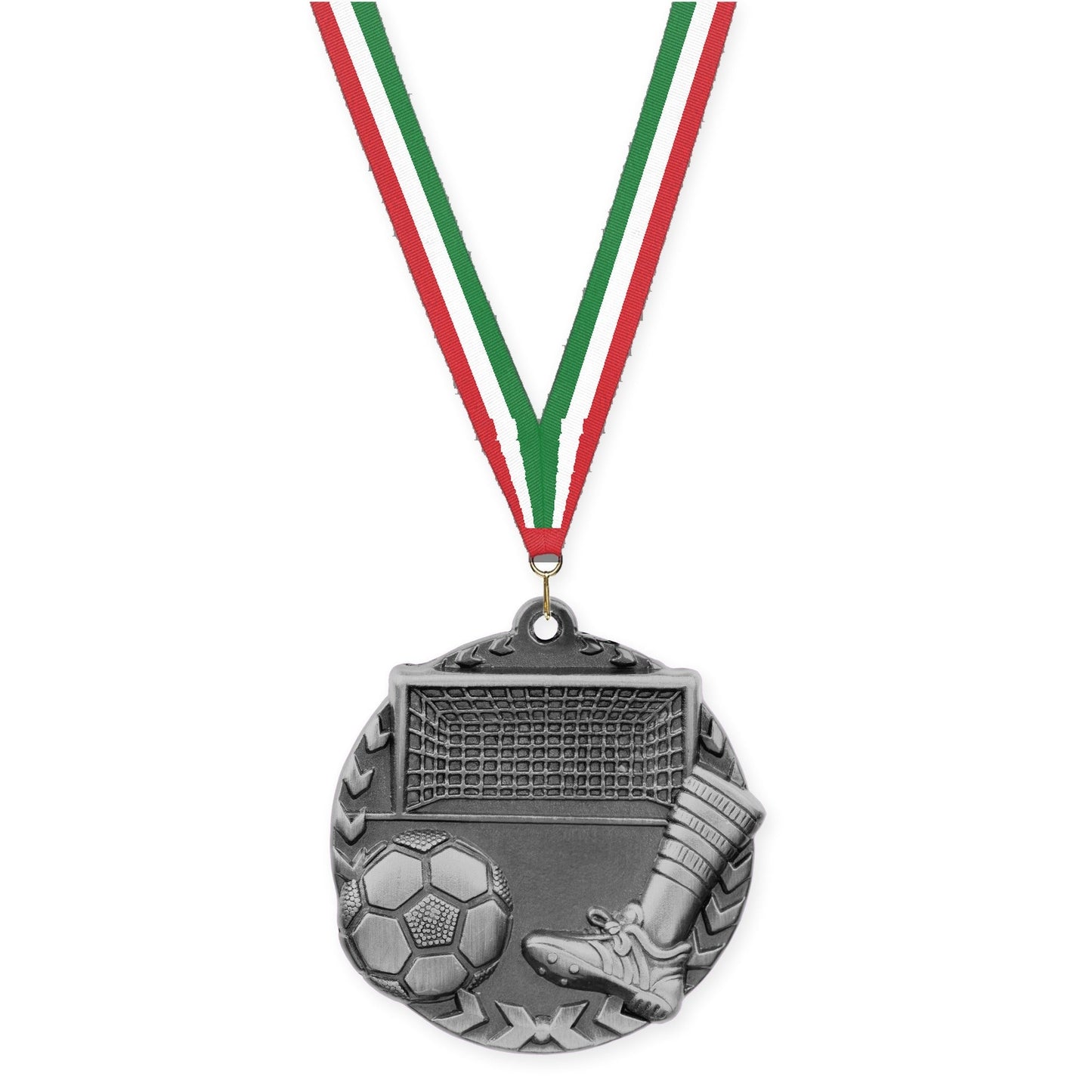 1 3/4 inch soccer Millennium medal in antique silver with Red White Green neck ribbon