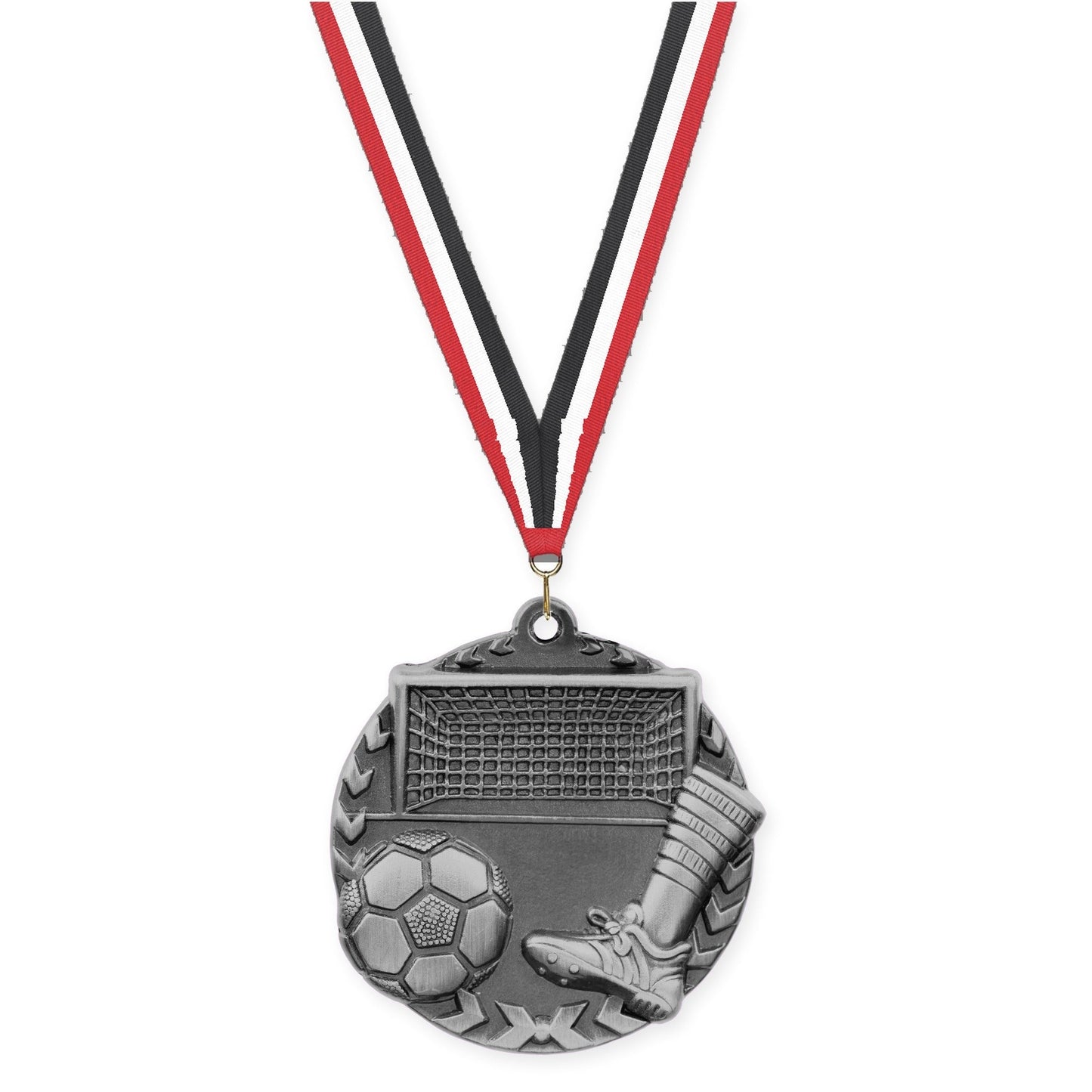 1 3/4 inch soccer Millennium medal in antique silver with Red White Black neck ribbon