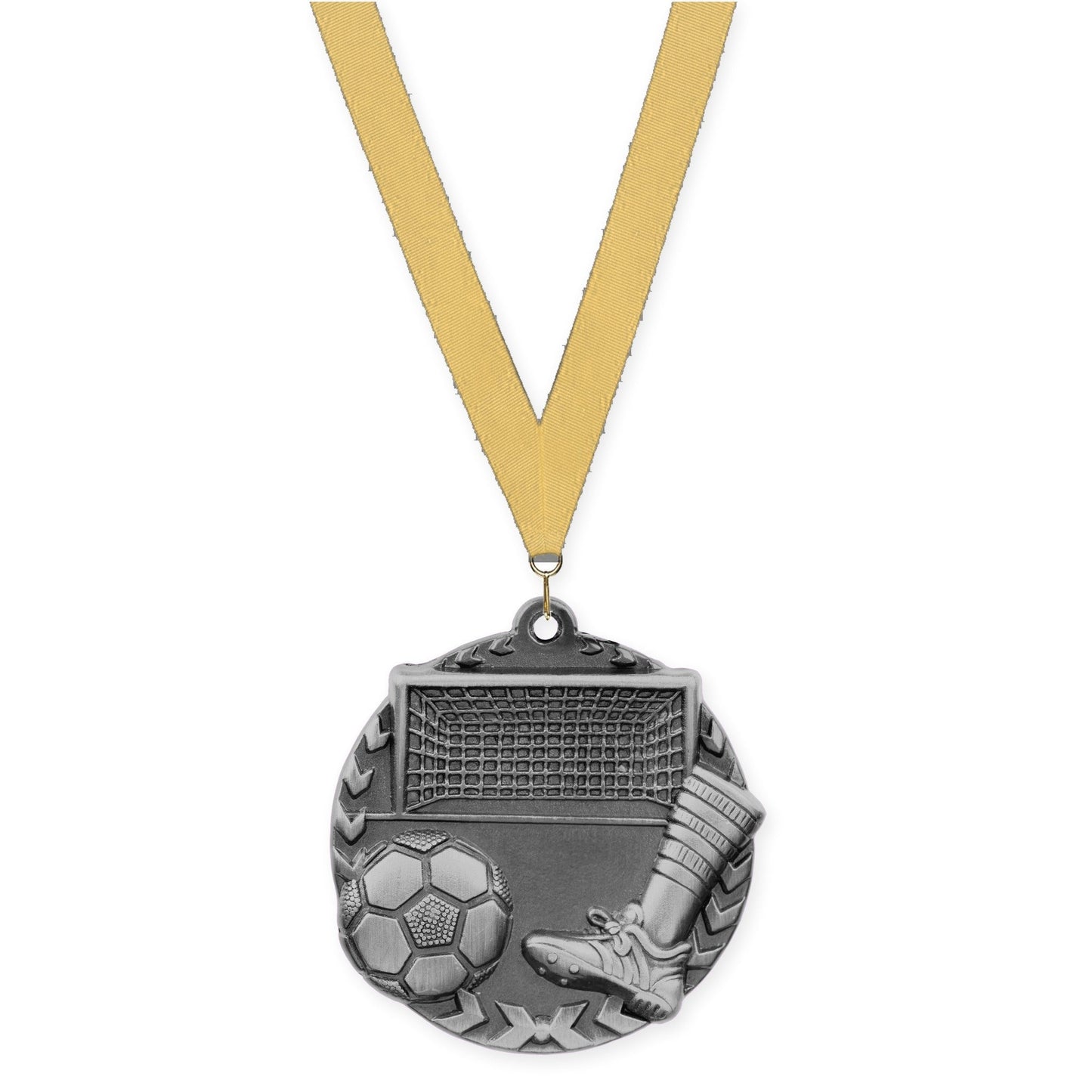 1 3/4 inch soccer Millennium medal in antique silver with Gold Metallic neck ribbon