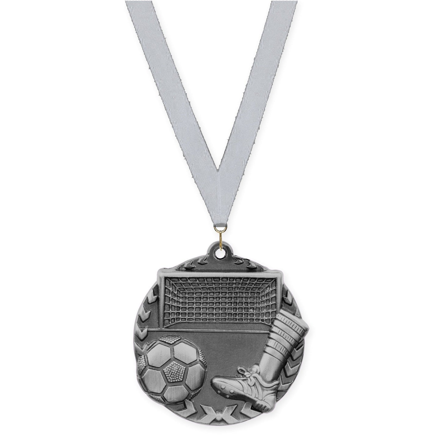 1 3/4 inch soccer Millennium medal in antique silver with Silver Metallic neck ribbon