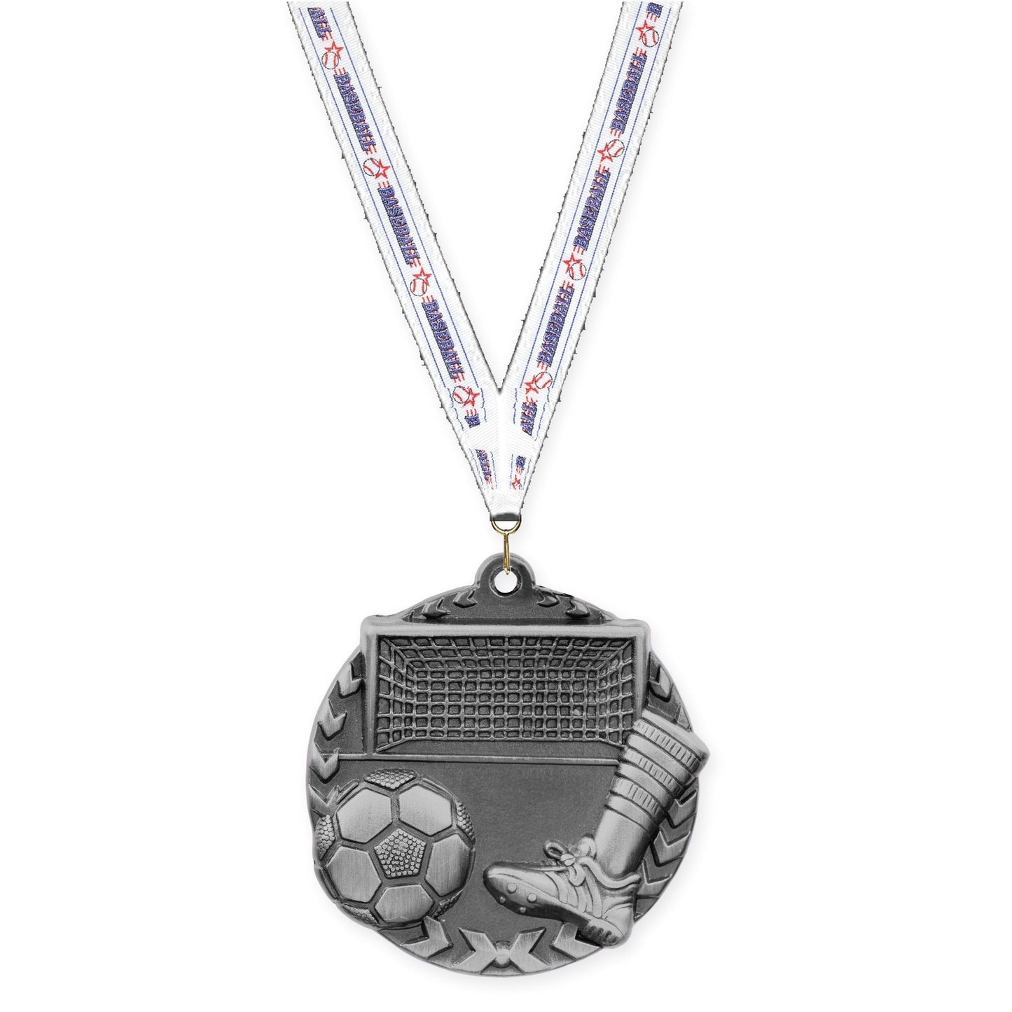 1 3/4 inch soccer Millennium medal in antique silver with Baseball neck ribbon