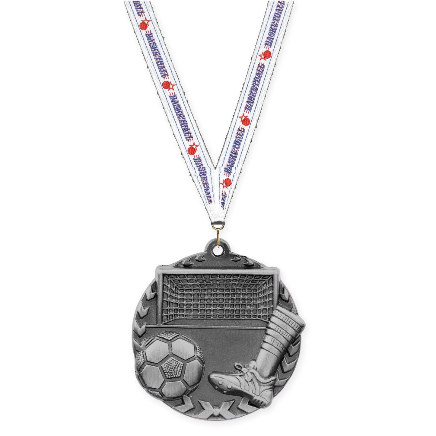 1 3/4 inch soccer Millennium medal in antique silver with Basketball neck ribbon