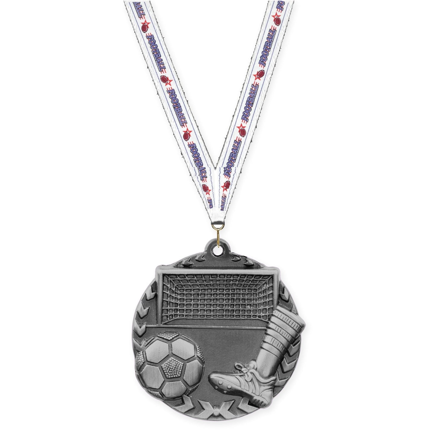 1 3/4 inch soccer Millennium medal in antique silver with Football neck ribbon
