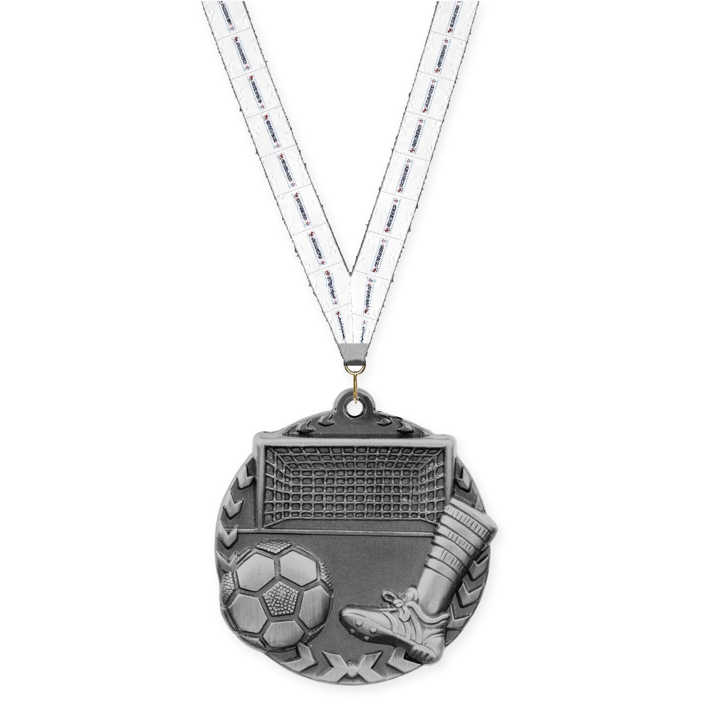 1 3/4 inch soccer Millennium medal in antique silver with Gymnastics neck ribbon