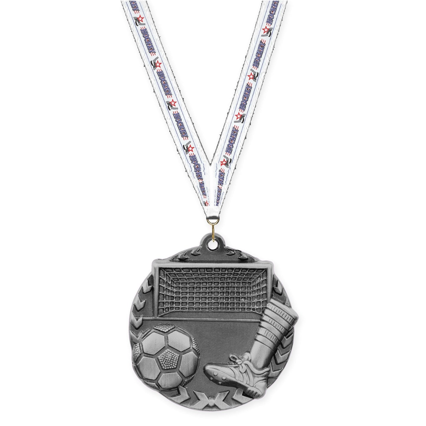 1 3/4 inch soccer Millennium medal in antique silver with Hockey neck ribbon