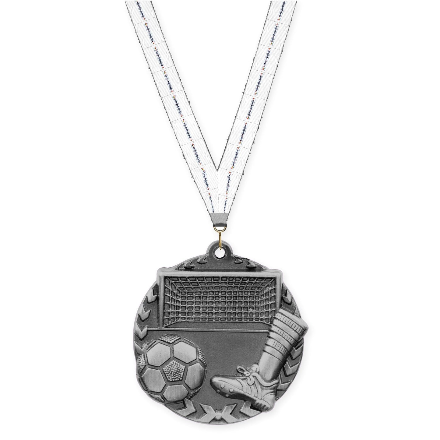 1 3/4 inch soccer Millennium medal in antique silver with Lamp Of Knowledge neck ribbon