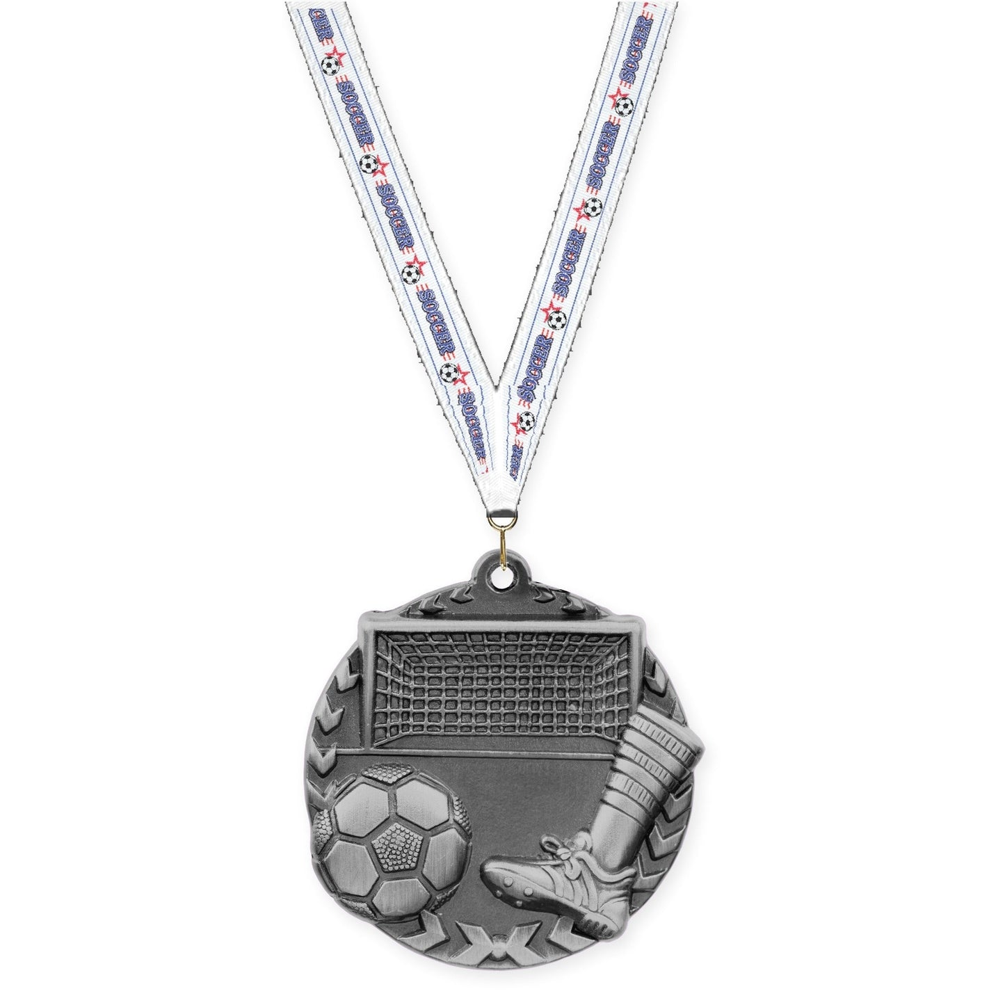 1 3/4 inch soccer Millennium medal in antique silver with Soccer neck ribbon