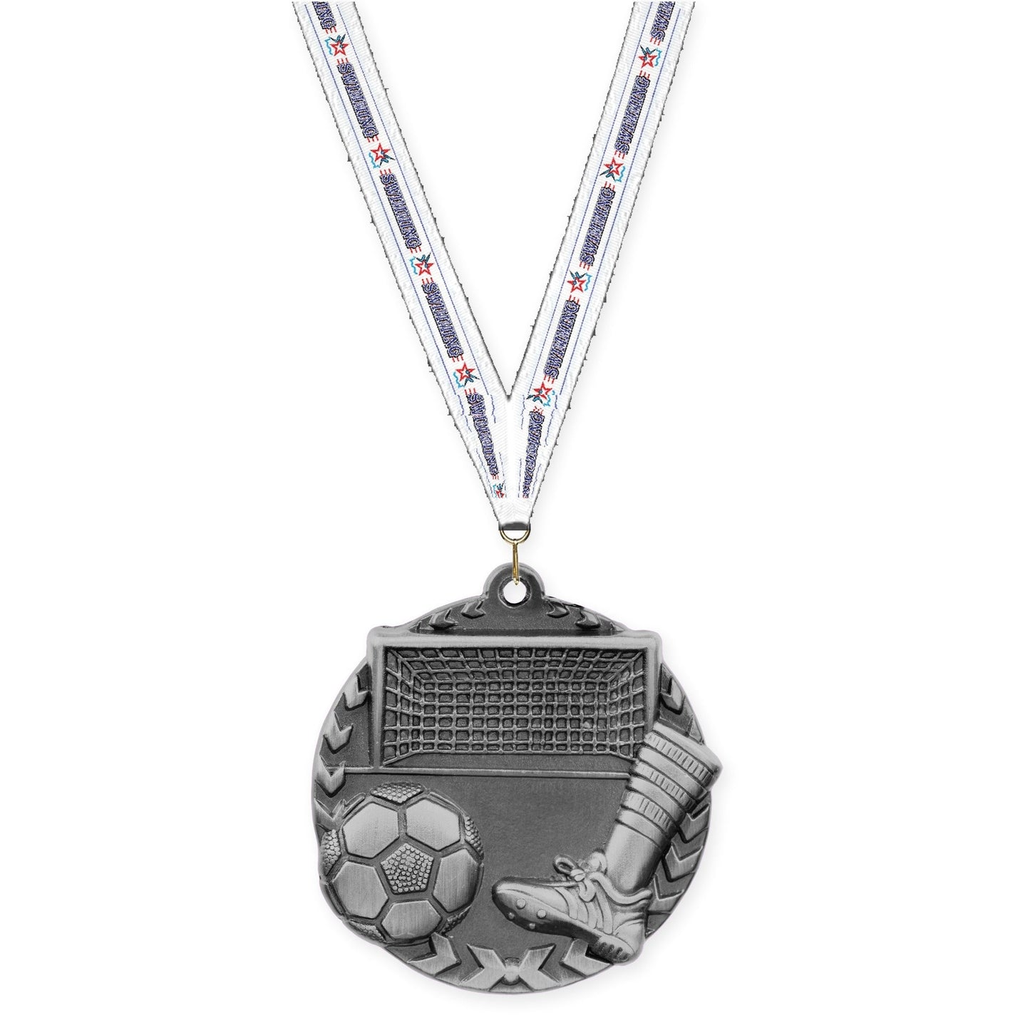 1 3/4 inch soccer Millennium medal in antique silver with Swimming neck ribbon