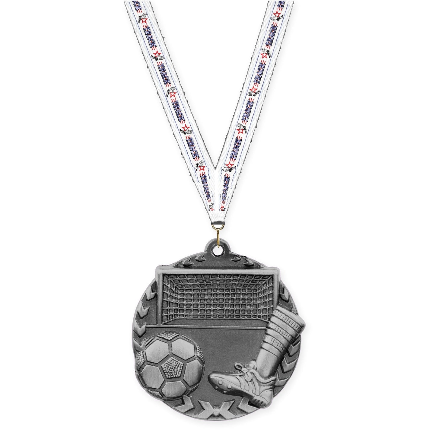 1 3/4 inch soccer Millennium medal in antique silver with Track neck ribbon