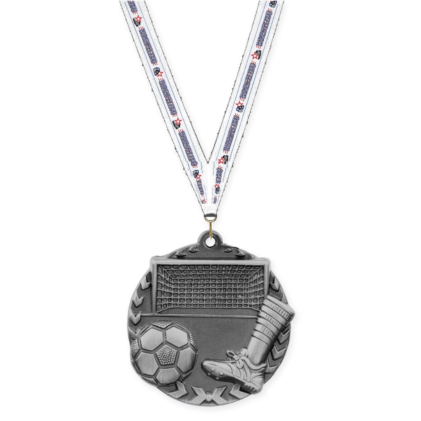 1 3/4 inch soccer Millennium medal in antique silver with Wrestling neck ribbon