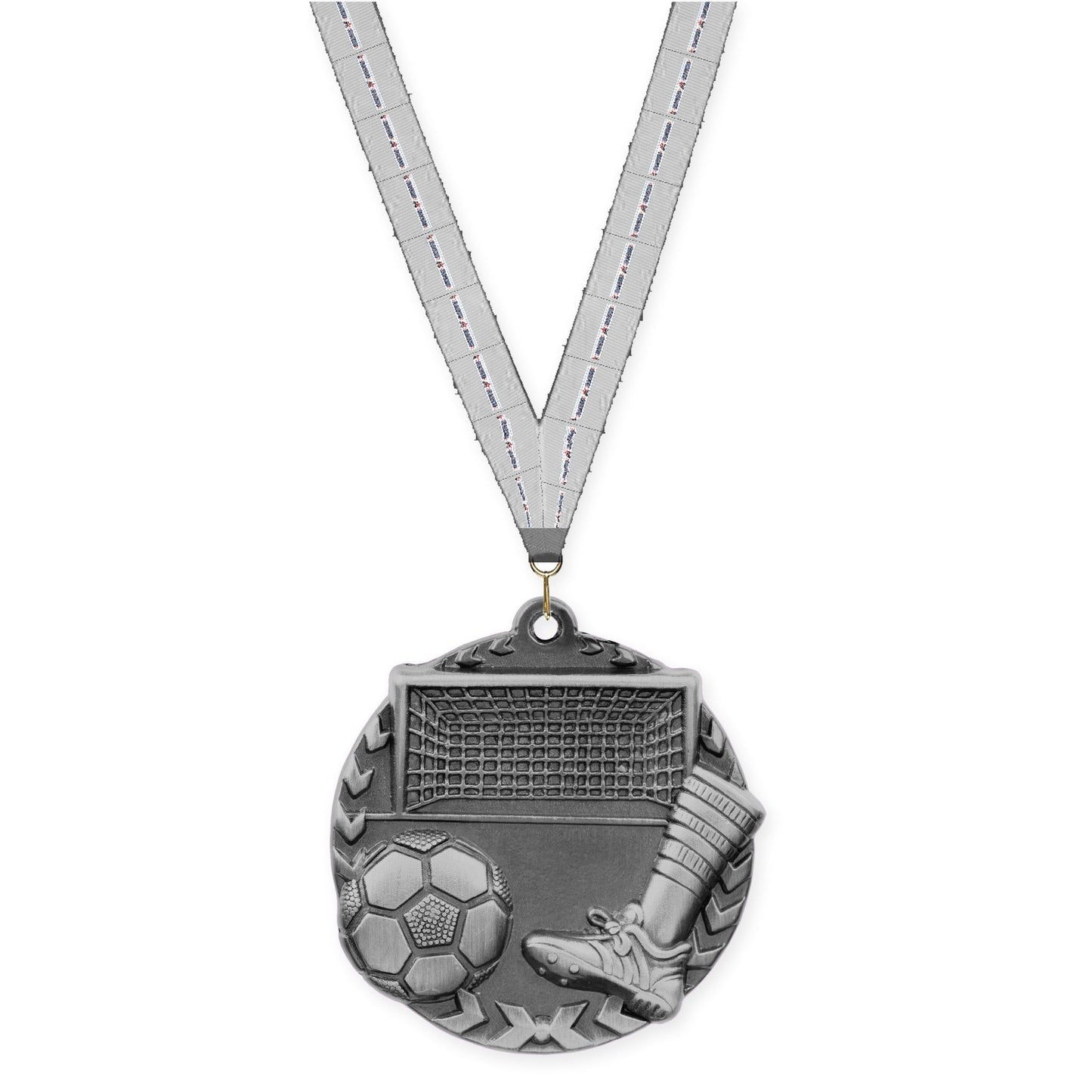 1 3/4 inch soccer Millennium medal in antique silver with Auto Racing neck ribbon