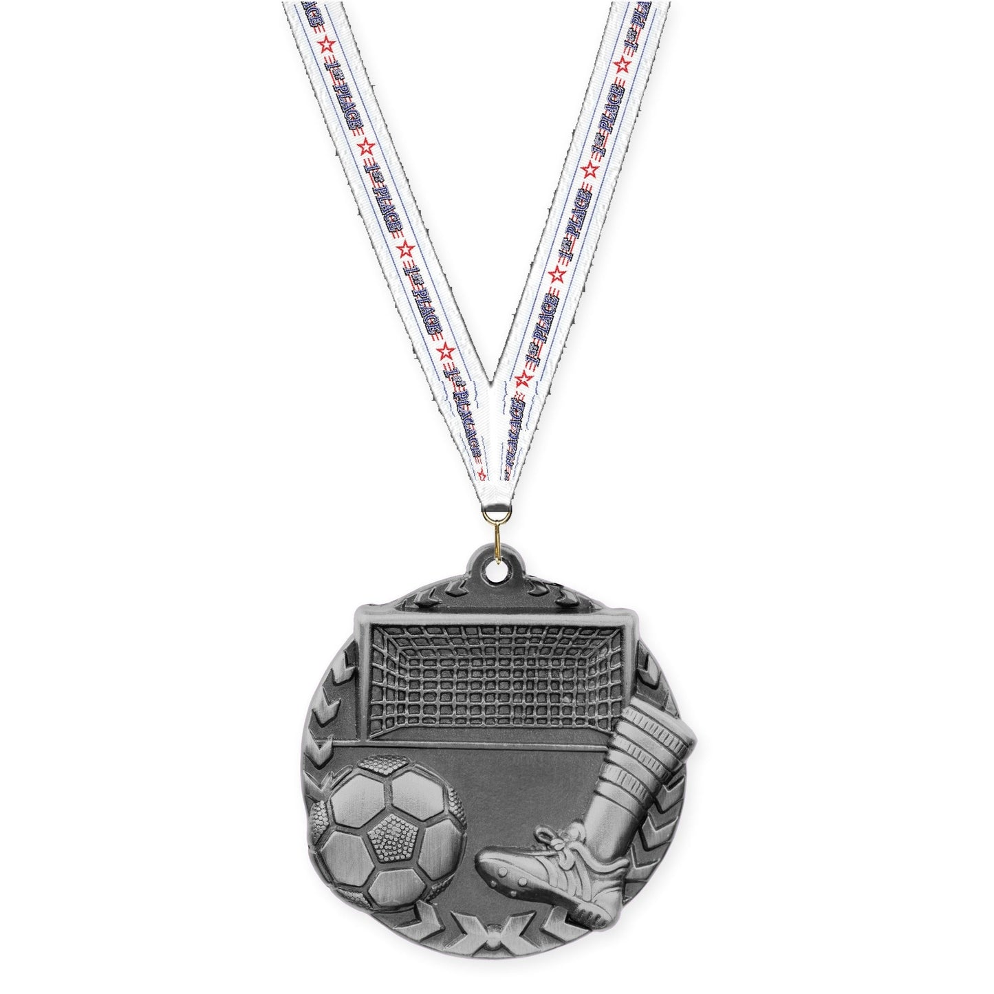 1 3/4 inch soccer Millennium medal in antique silver with 1st Place neck ribbon