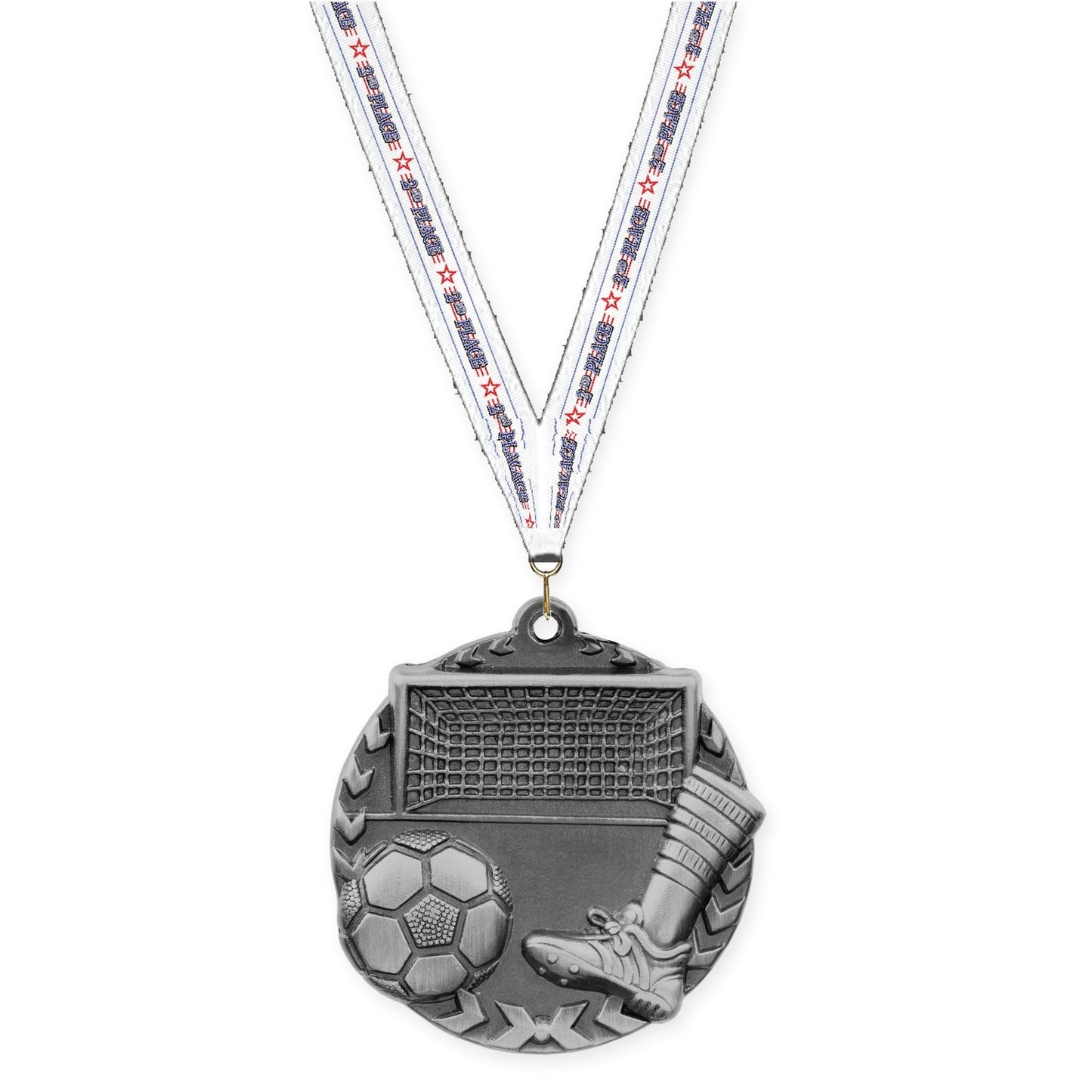 1 3/4 inch soccer Millennium medal in antique silver with 2nd Place neck ribbon