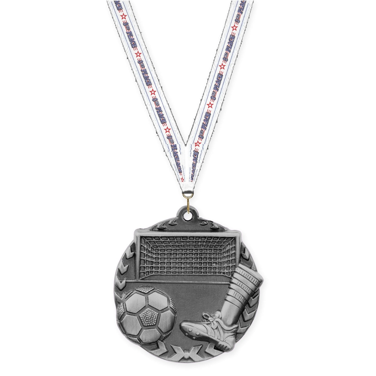 1 3/4 inch soccer Millennium medal in antique silver with 3rd Place neck ribbon