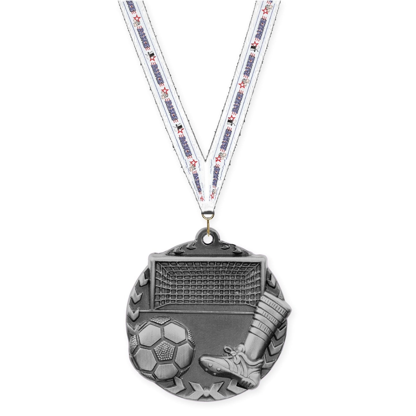 1 3/4 inch soccer Millennium medal in antique silver with Dance neck ribbon
