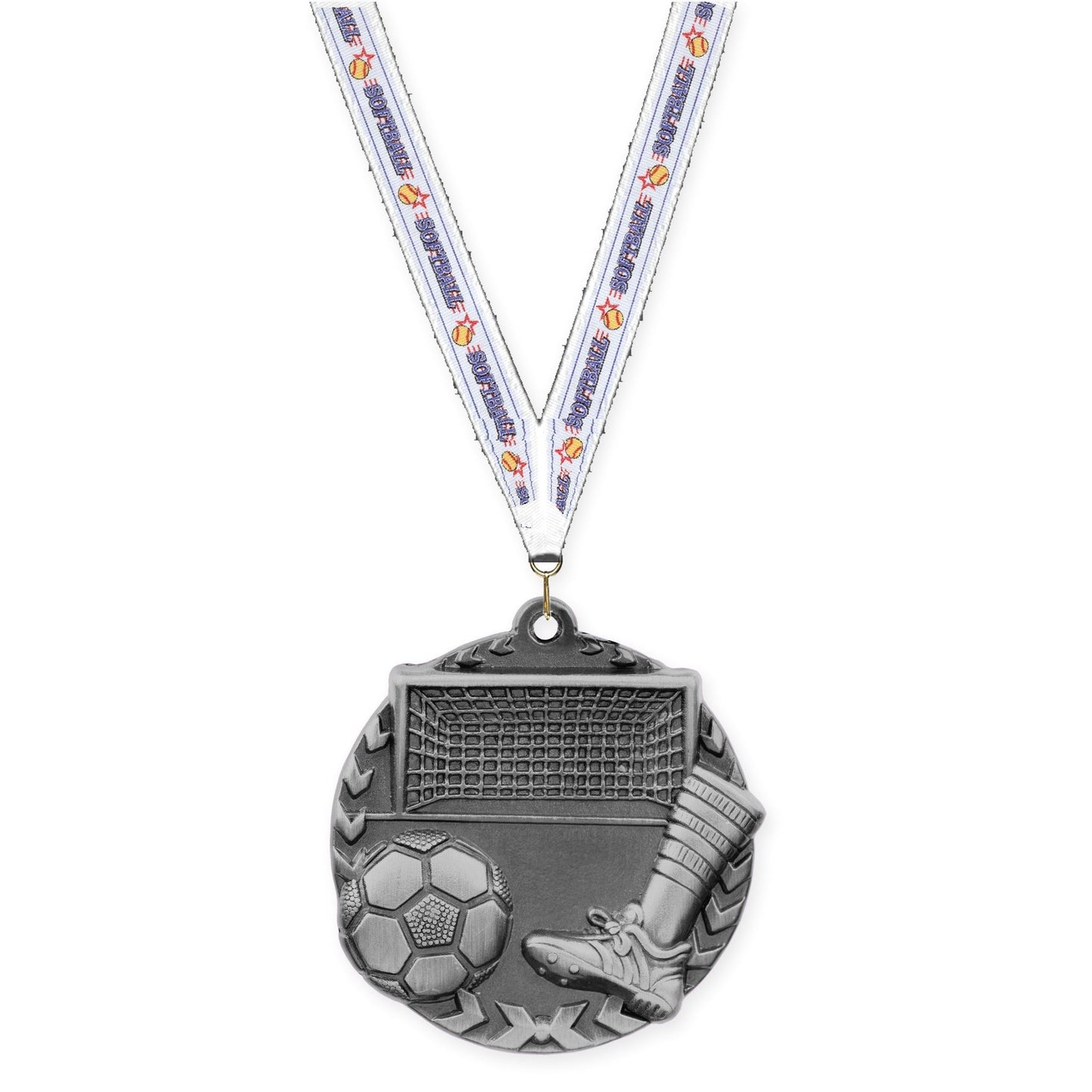 1 3/4 inch soccer Millennium medal in antique silver with Softball neck ribbon