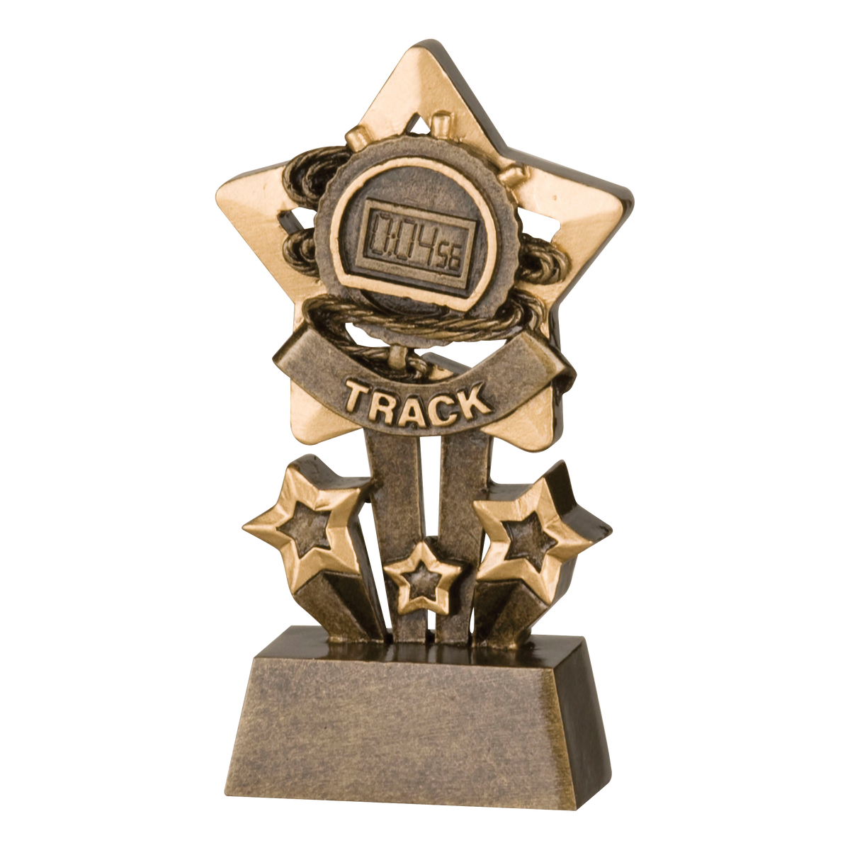 Shadow Star track trophy with a gold star, race clock and TRACK banner on a bronze base