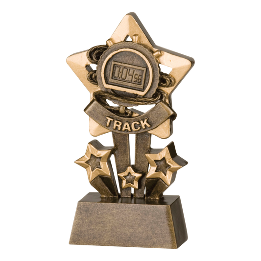 Shadow Star track trophy with a gold star, race clock and TRACK banner on a bronze base