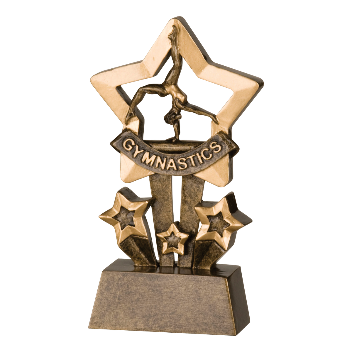 Shadow Star gymnastics trophy with a gymnast in a gold star and GYMNASTICS banner