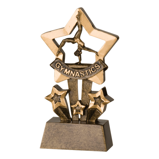 Shadow Star gymnastics trophy with a gymnast in a gold star and GYMNASTICS banner