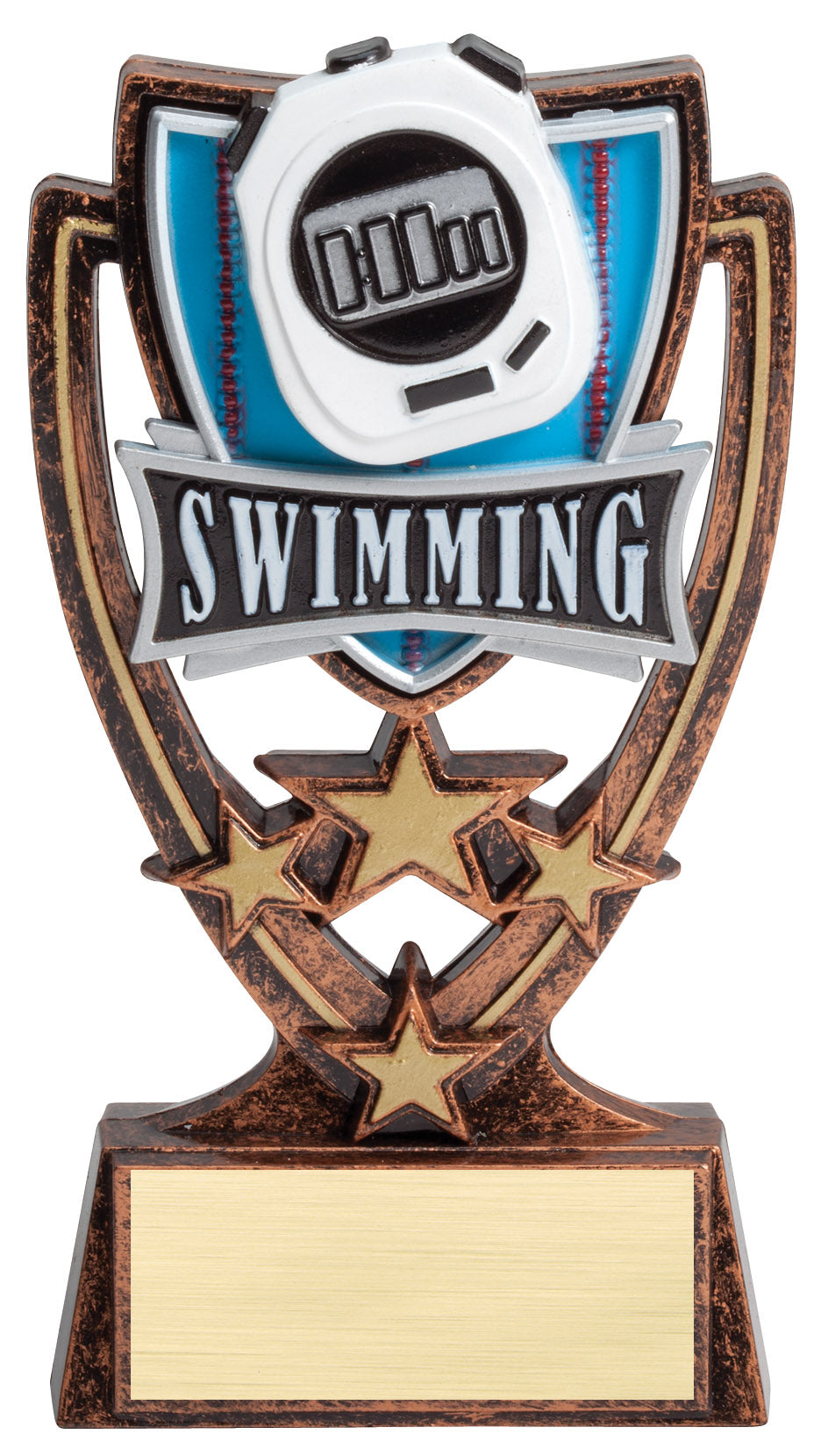 Swimming four star trophy with full-color swimming shield and engraving plate