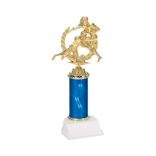 Champion Series Football Trophy - Tackle, football ball carrier meeting a tackler in a laurel wreath on a blue column with white base