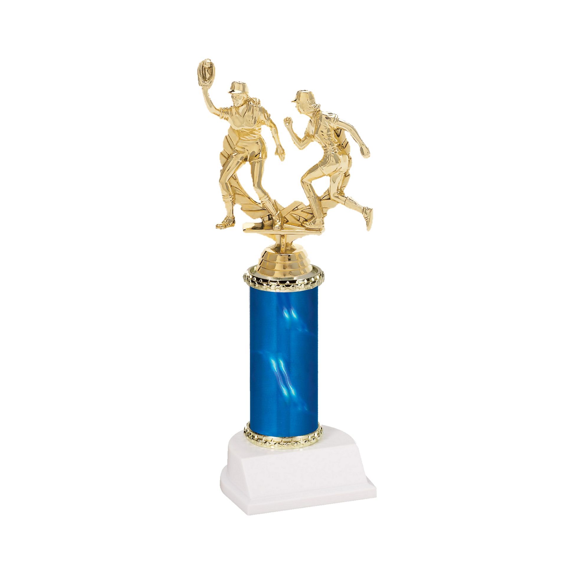 Champion Series Softball Trophy - Double Play, softball fielder making the catch beside a base runner in a laurel wreath on a blue column with white base