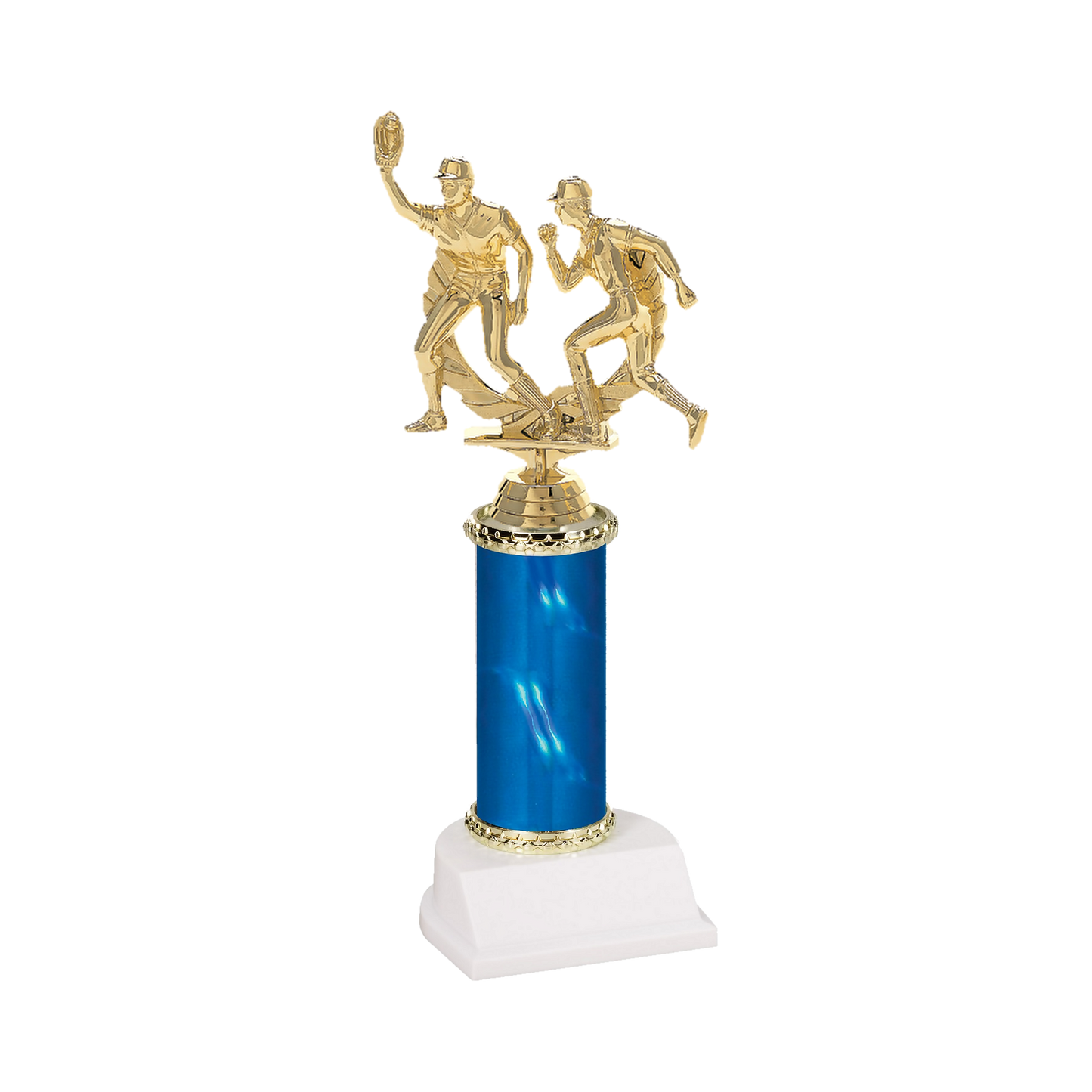 Champion Series Baseball Trophy - Double Play, baseball fielder making the catch beside a base runner in a laurel wreath on a blue column with white base