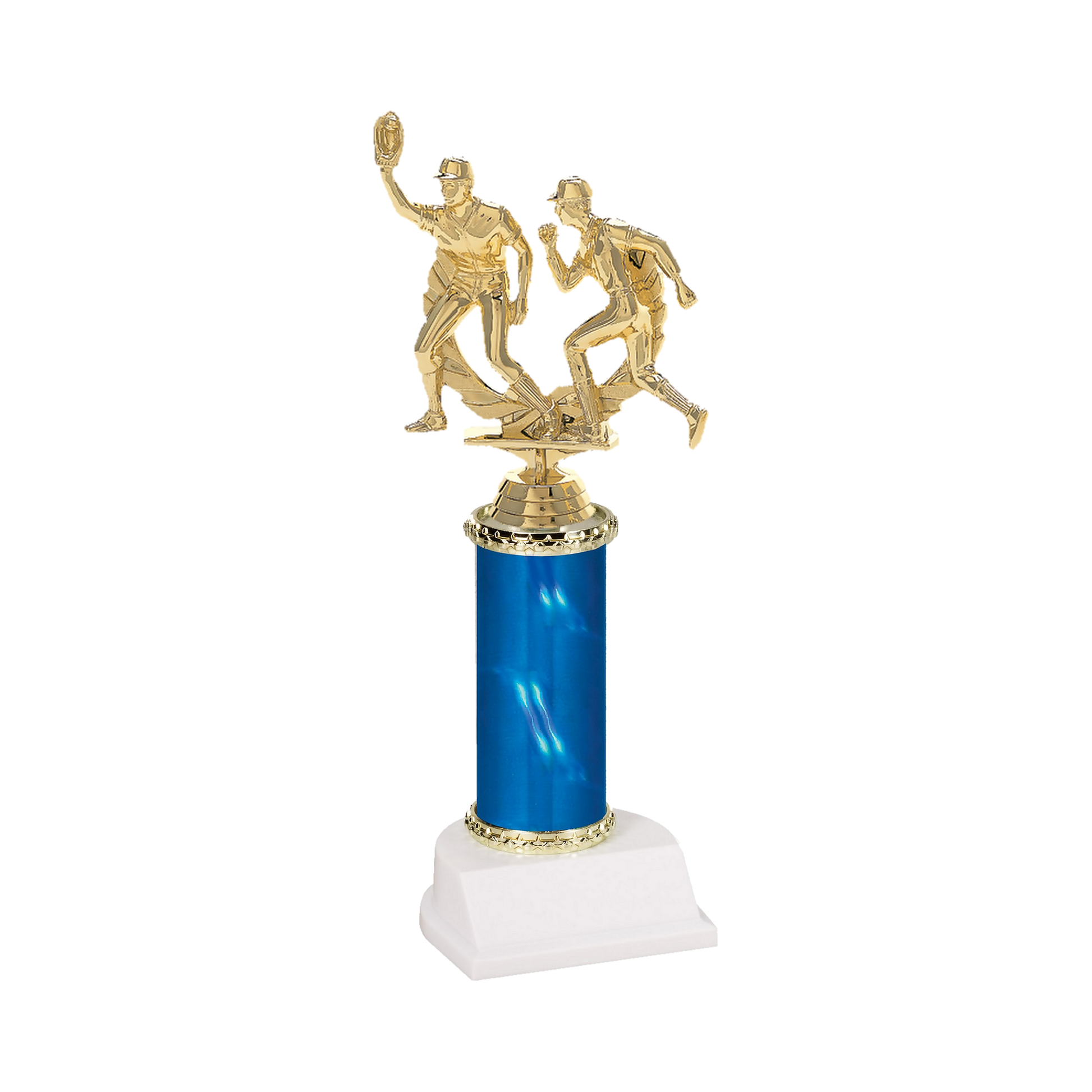 Champion Series Baseball Trophy - Double Play, baseball fielder making the catch beside a base runner in a laurel wreath on a blue column with white base