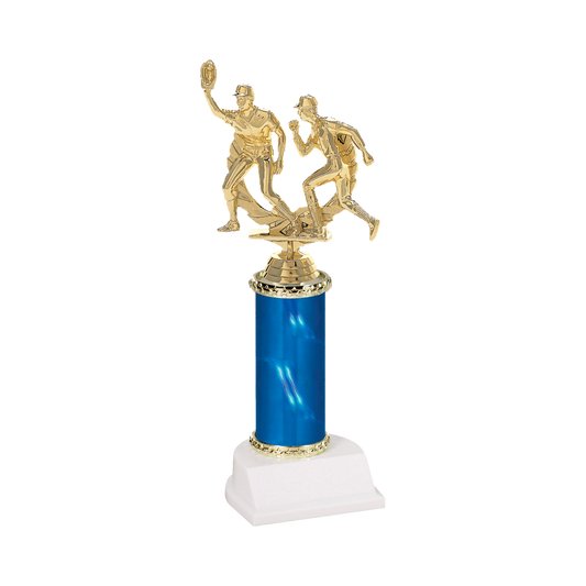 Champion Series Baseball Trophy - Double Play, baseball fielder making the catch beside a base runner in a laurel wreath on a blue column with white base