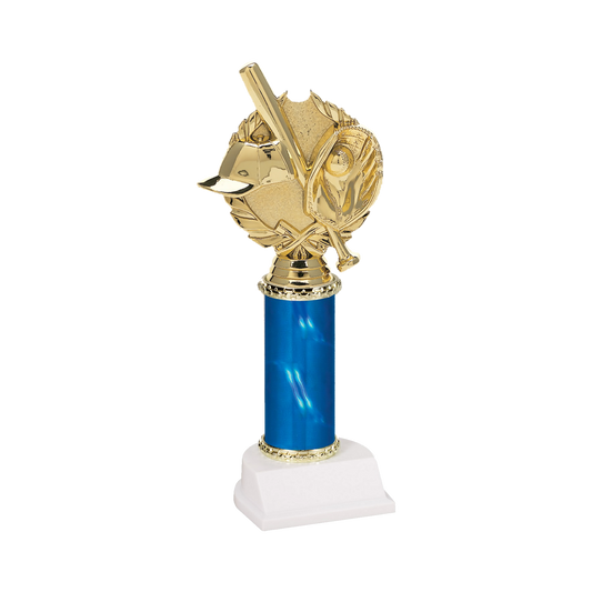 Champion Series Baseball Trophy - Crossed Bats, gold baseball cap, crossed bats, ball and glove in a laurel wreath on a blue column with white base