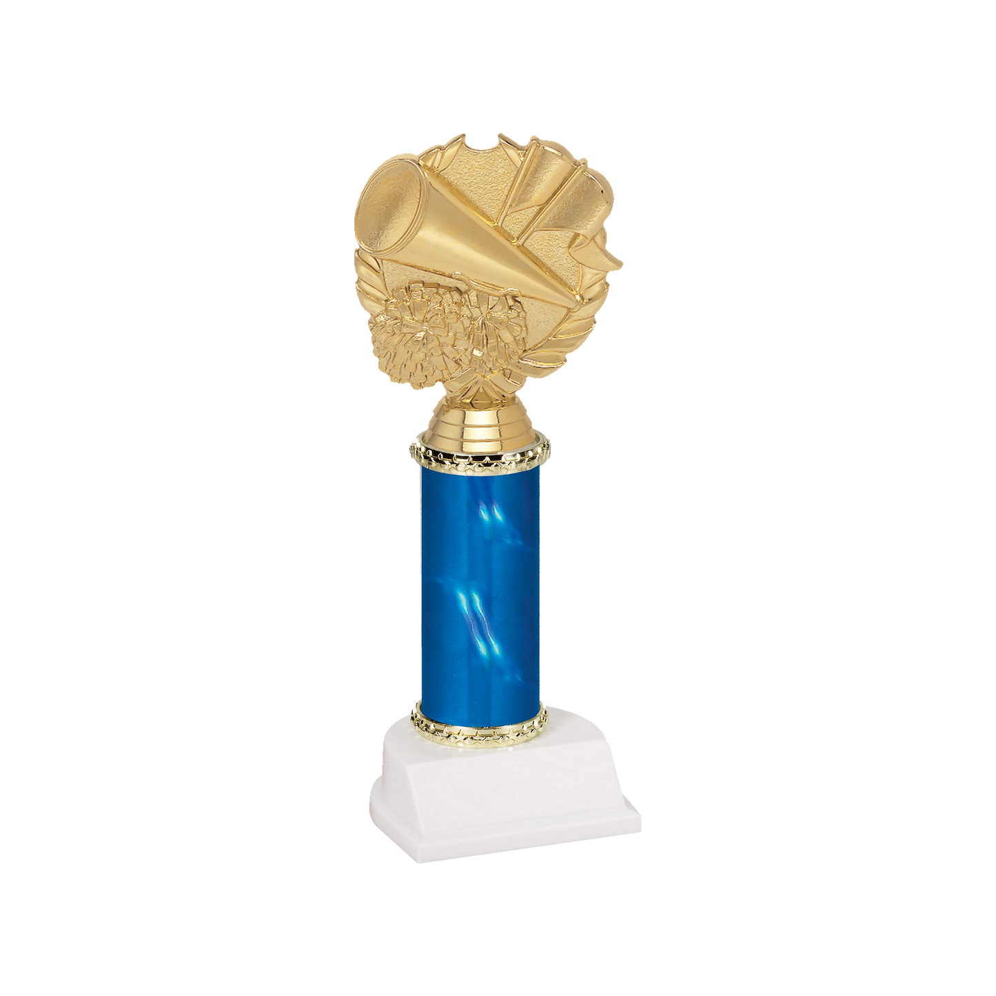 Champion Series Cheerleading Trophy - Megaphone & Wreath, gold megaphone and pom-poms in a laurel wreath on a blue column with white base