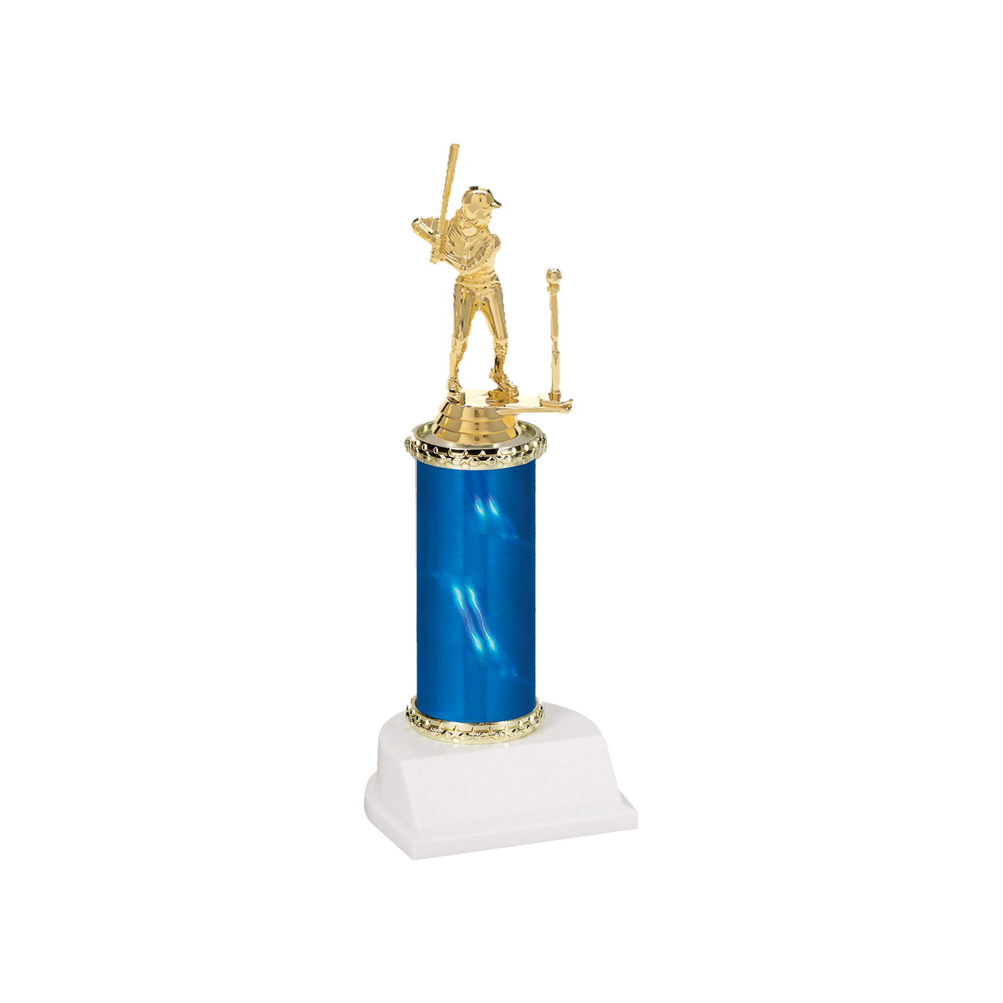 Champion Series T-Ball Trophy, young t-ball player swinging at a ball on the tee on a blue column with white base
