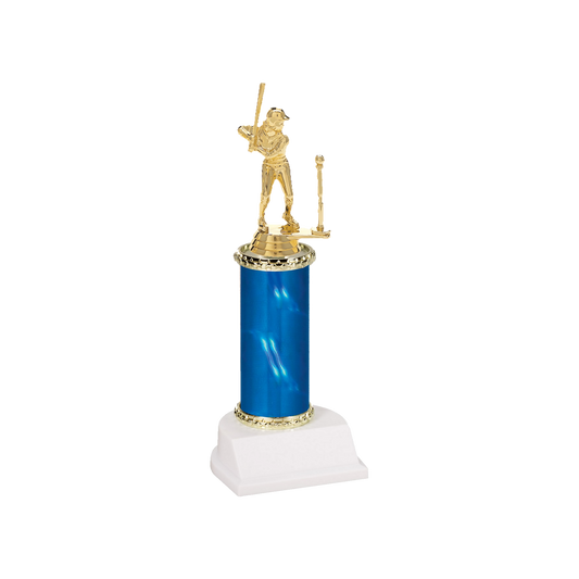 Champion Series T-Ball Trophy, young t-ball player swinging at a ball on the tee on a blue column with white base