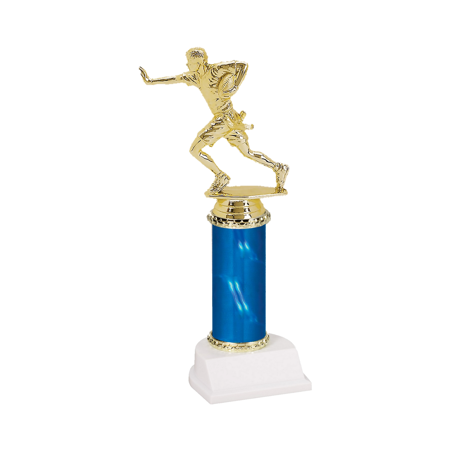 Champion Series Flag Football Trophy, flag football player running with the ball and a flag belt on a blue column with white base