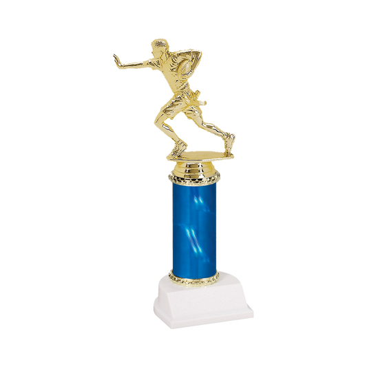 Champion Series Flag Football Trophy, flag football player running with the ball and a flag belt on a blue column with white base