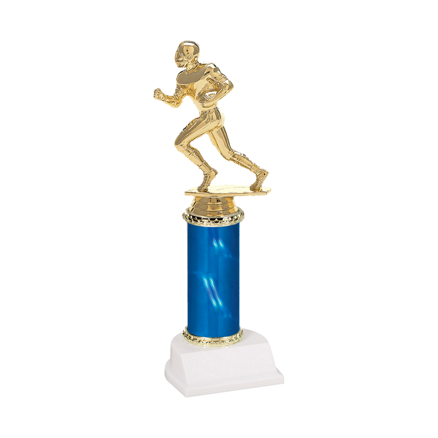 Champion Series Football Trophy - Running Back, helmeted football running back sprinting with the ball on a blue column with white base