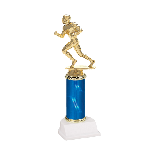 Champion Series Football Trophy - Running Back, helmeted football running back sprinting with the ball on a blue column with white base