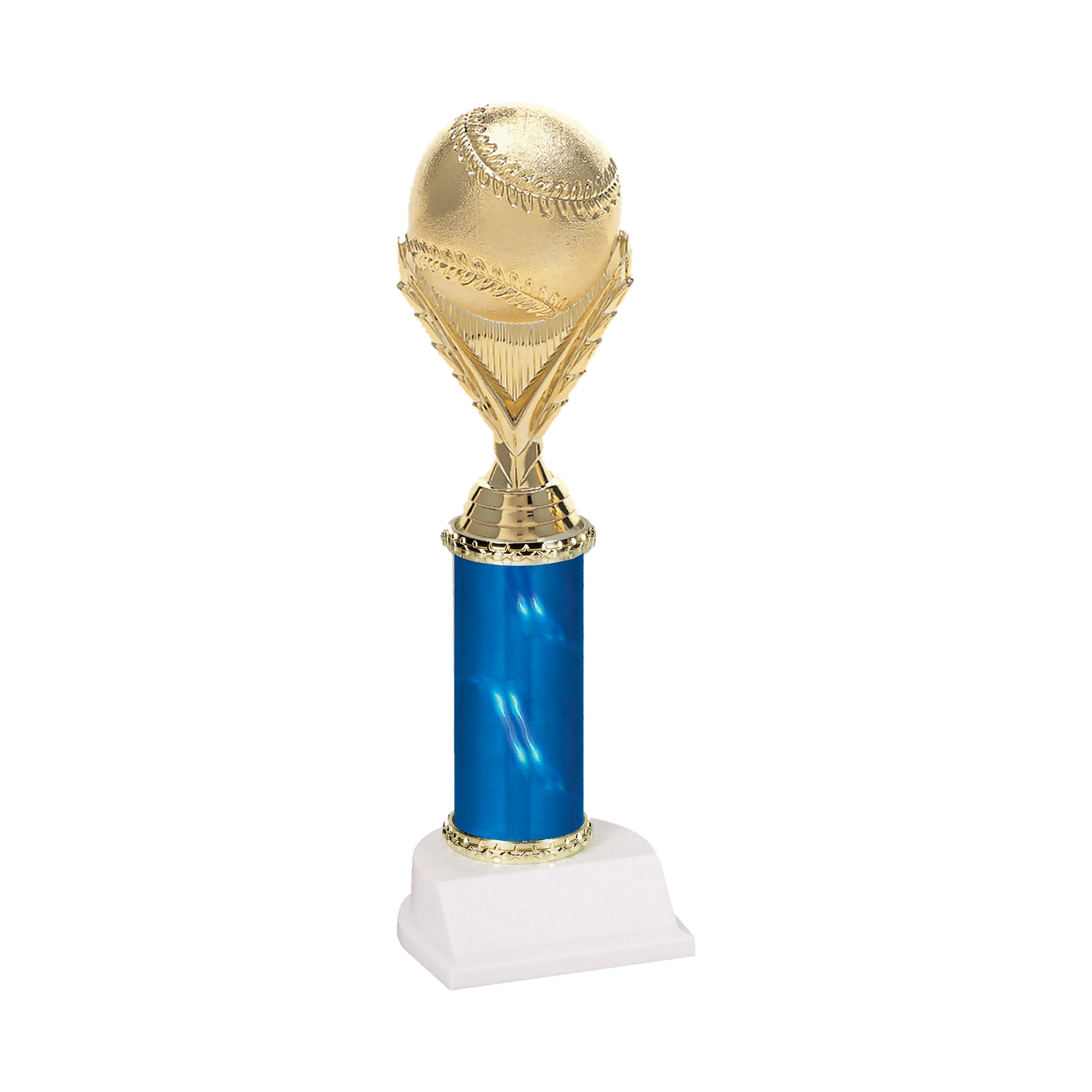 Champion Series Baseball Trophy - Baseball & Wreath, gold baseball resting on a laurel wreath riser on a blue column with white base