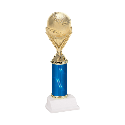Champion Series Baseball Trophy - Baseball & Wreath, gold baseball resting on a laurel wreath riser on a blue column with white base