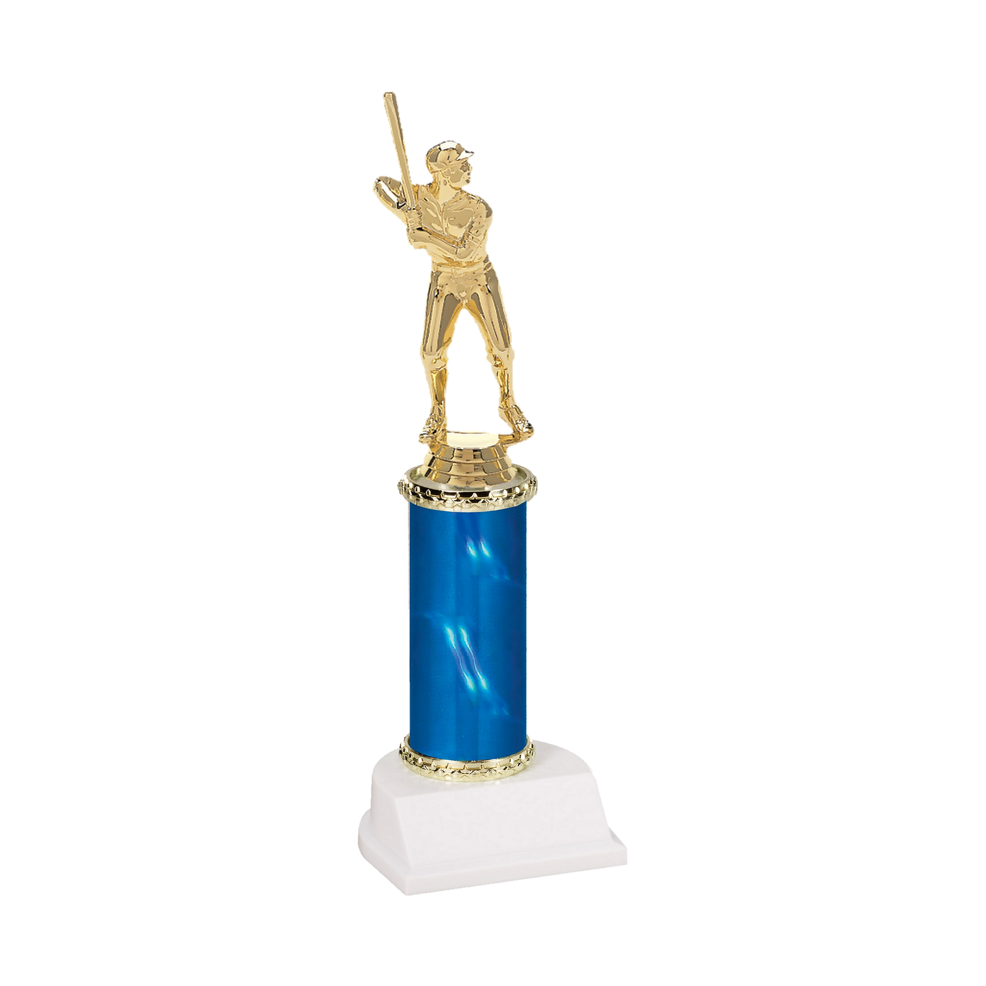 Champion Series Baseball Trophy - Batter, baseball batter in a ball cap waiting on the pitch on a blue column with white base
