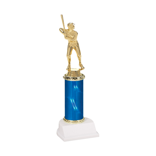 Champion Series Baseball Trophy - Batter, baseball batter in a ball cap waiting on the pitch on a blue column with white base